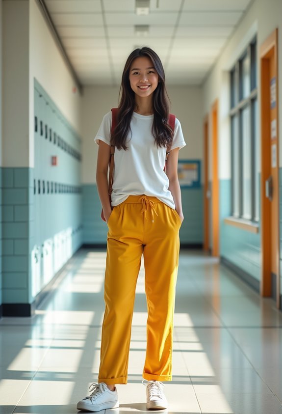 colorful pants neutral top