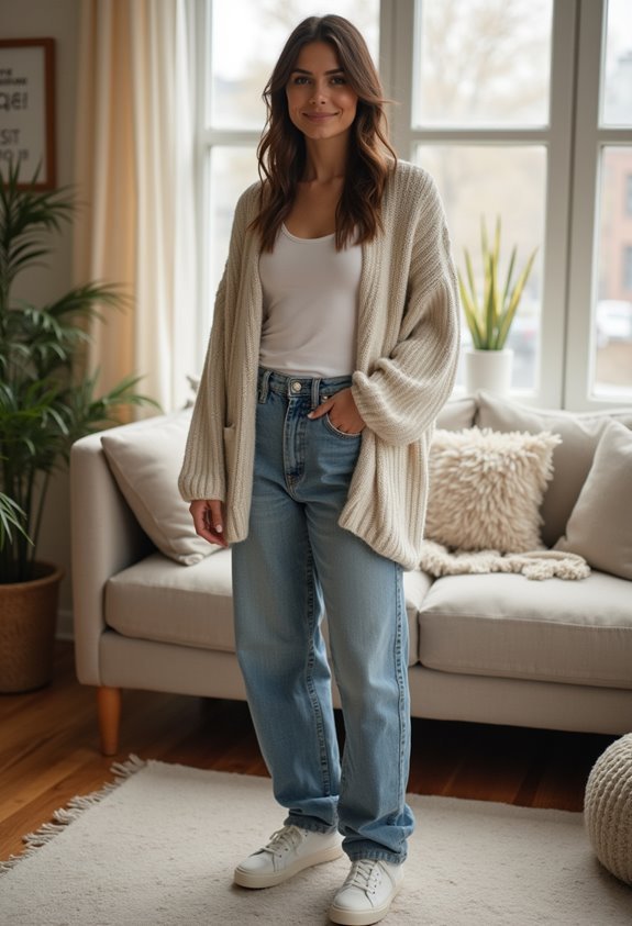 cozy cardigan and baggy jeans
