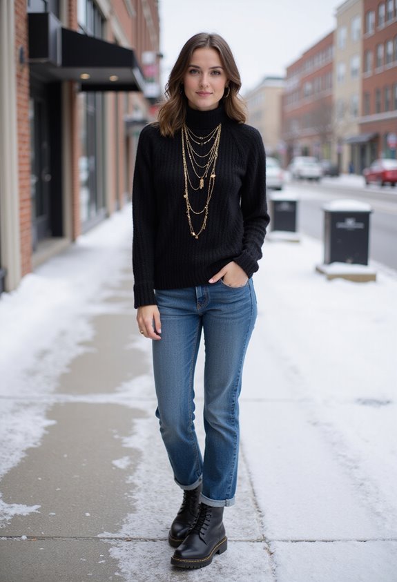 layered necklaces over turtlenecks