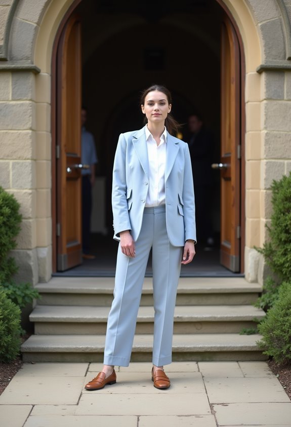 pastel suit with loafers