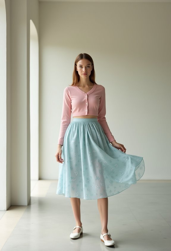 soft pink cardigan floral skirt