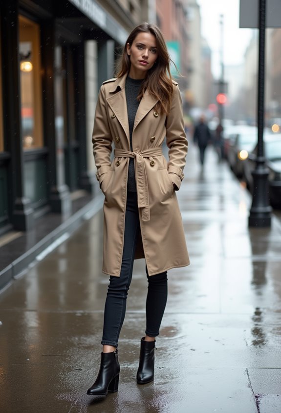 trench coat and ankle boots