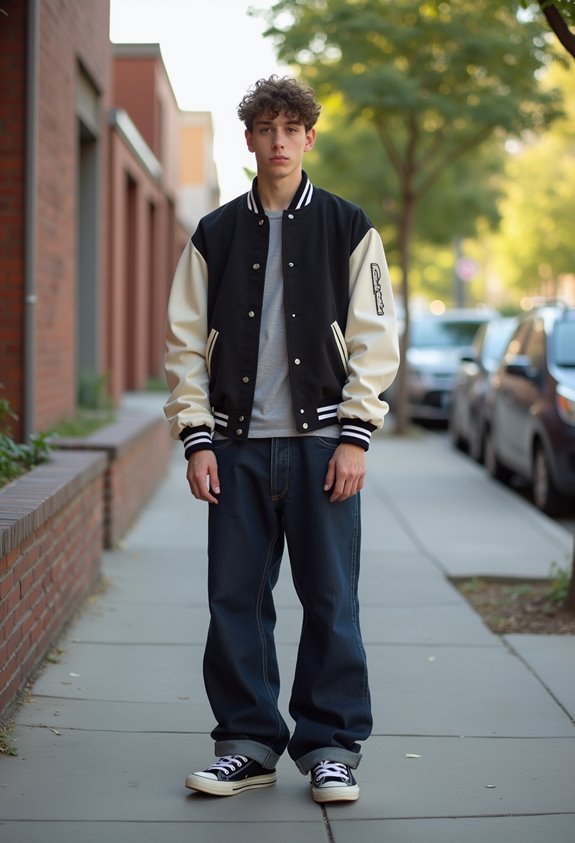 varsity jacket with baggy jeans