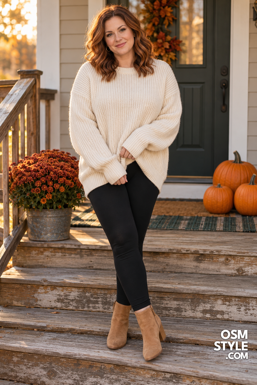 1. Oversized Cream Sweater With Black Leggings