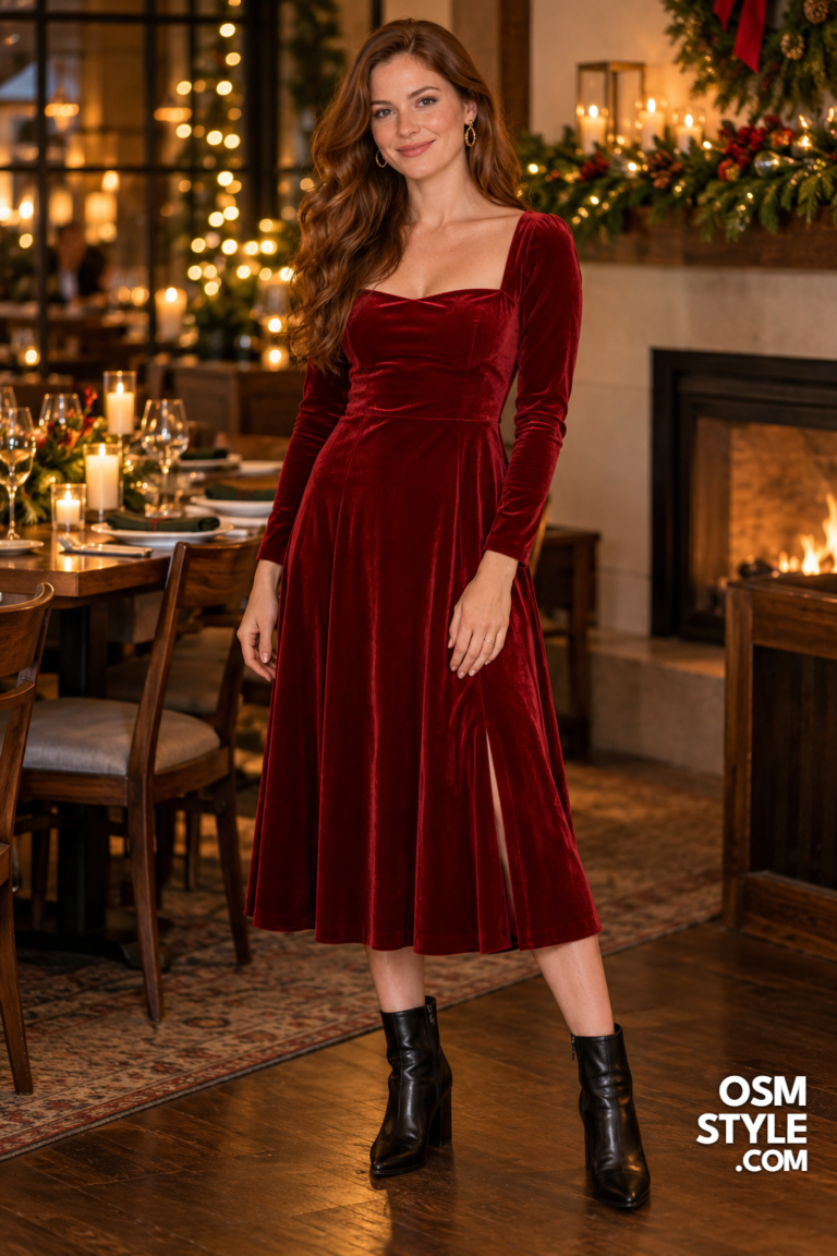 1. Red Velvet Midi Dress With Black Boots