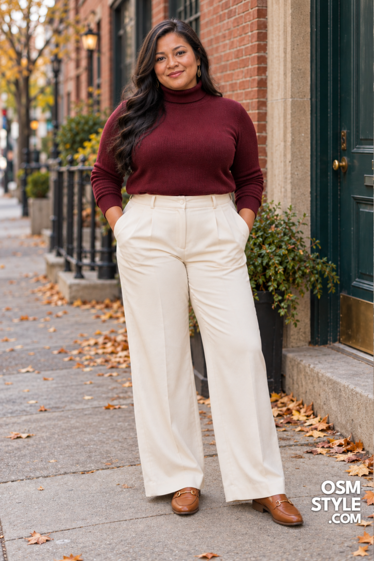 1. Burgundy Turtleneck and Cream Trousers