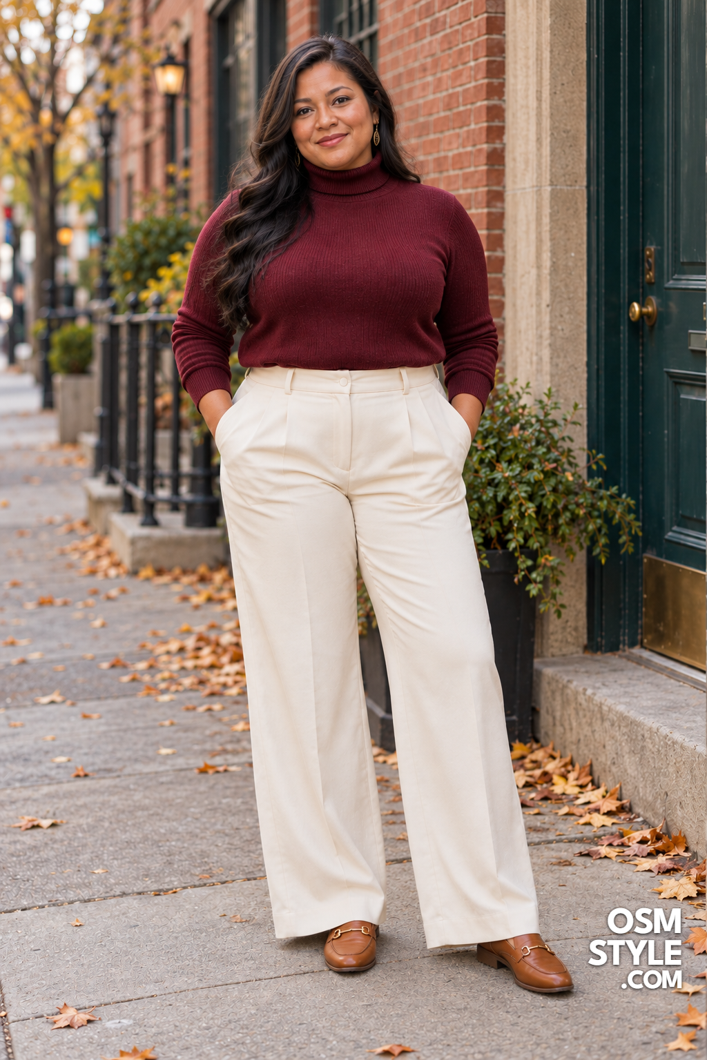 1. Burgundy Turtleneck and Cream Trousers