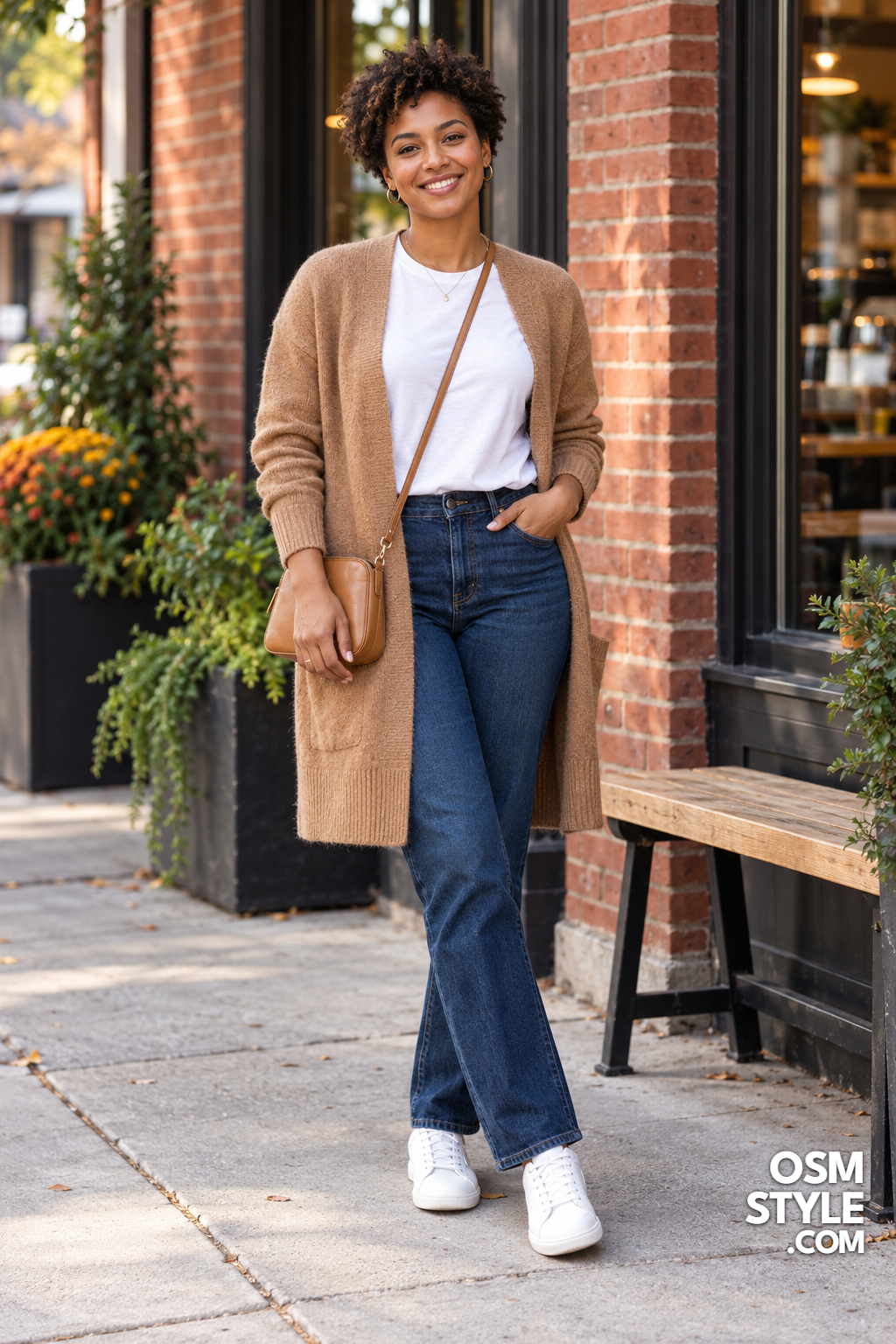 1. Camel Cardigan and Crisp White Tee