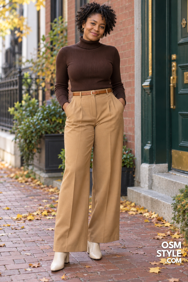 1. Chocolate Turtleneck With Camel Trousers