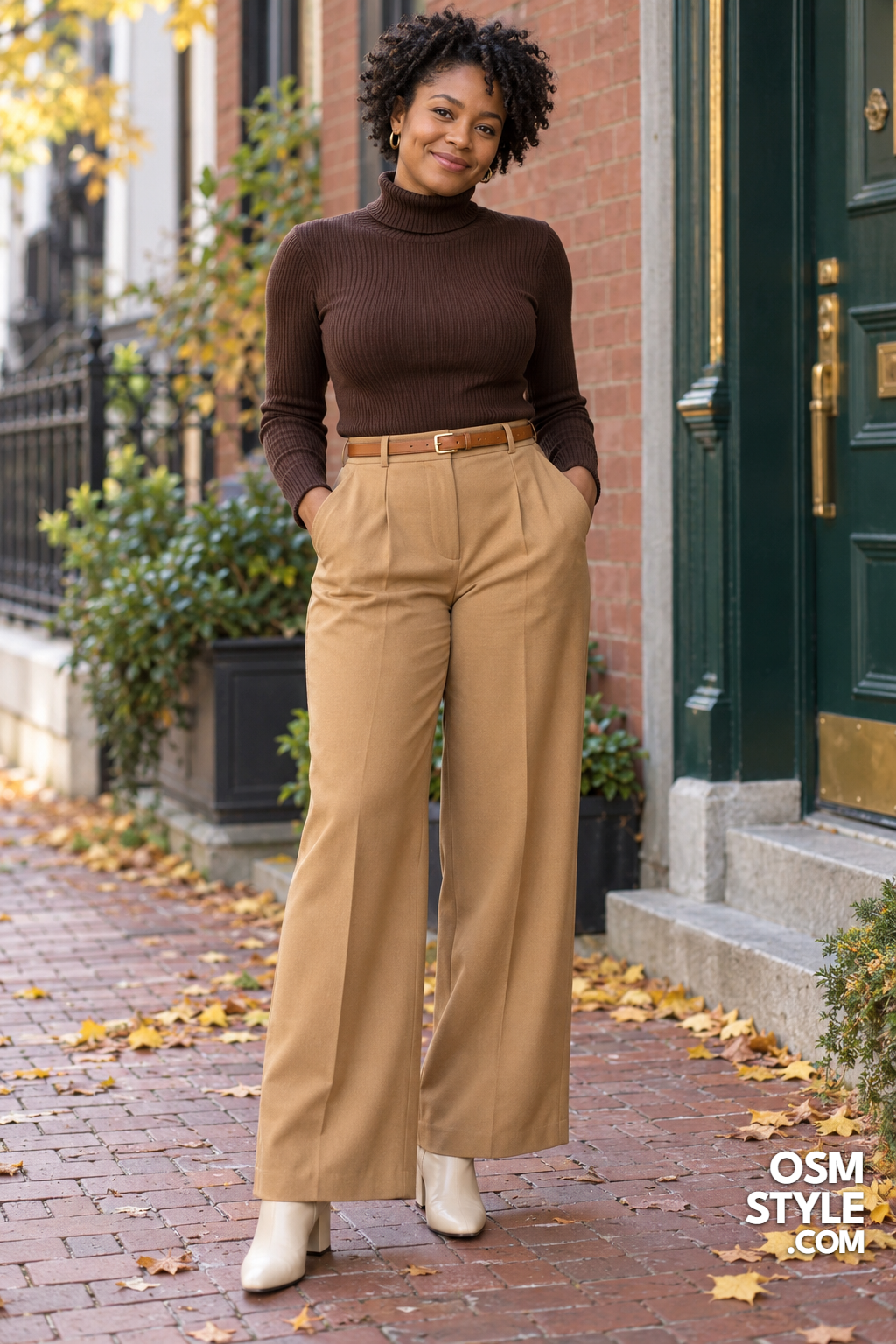 1. Chocolate Turtleneck With Camel Trousers