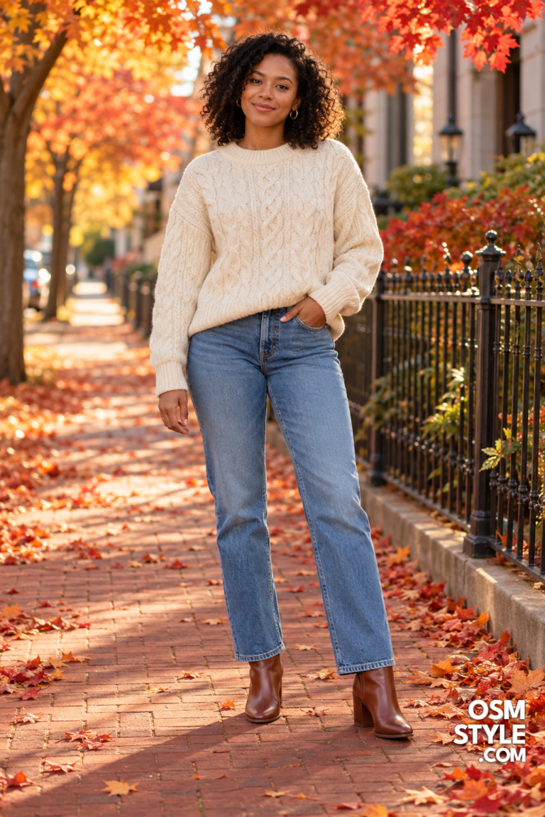 1. Cream Cable Knit And Straight Jeans