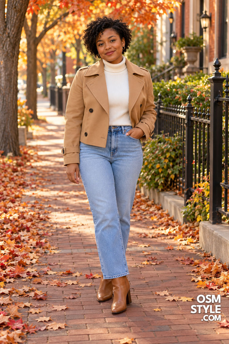 1. Cropped Camel Trench With Straight Jeans