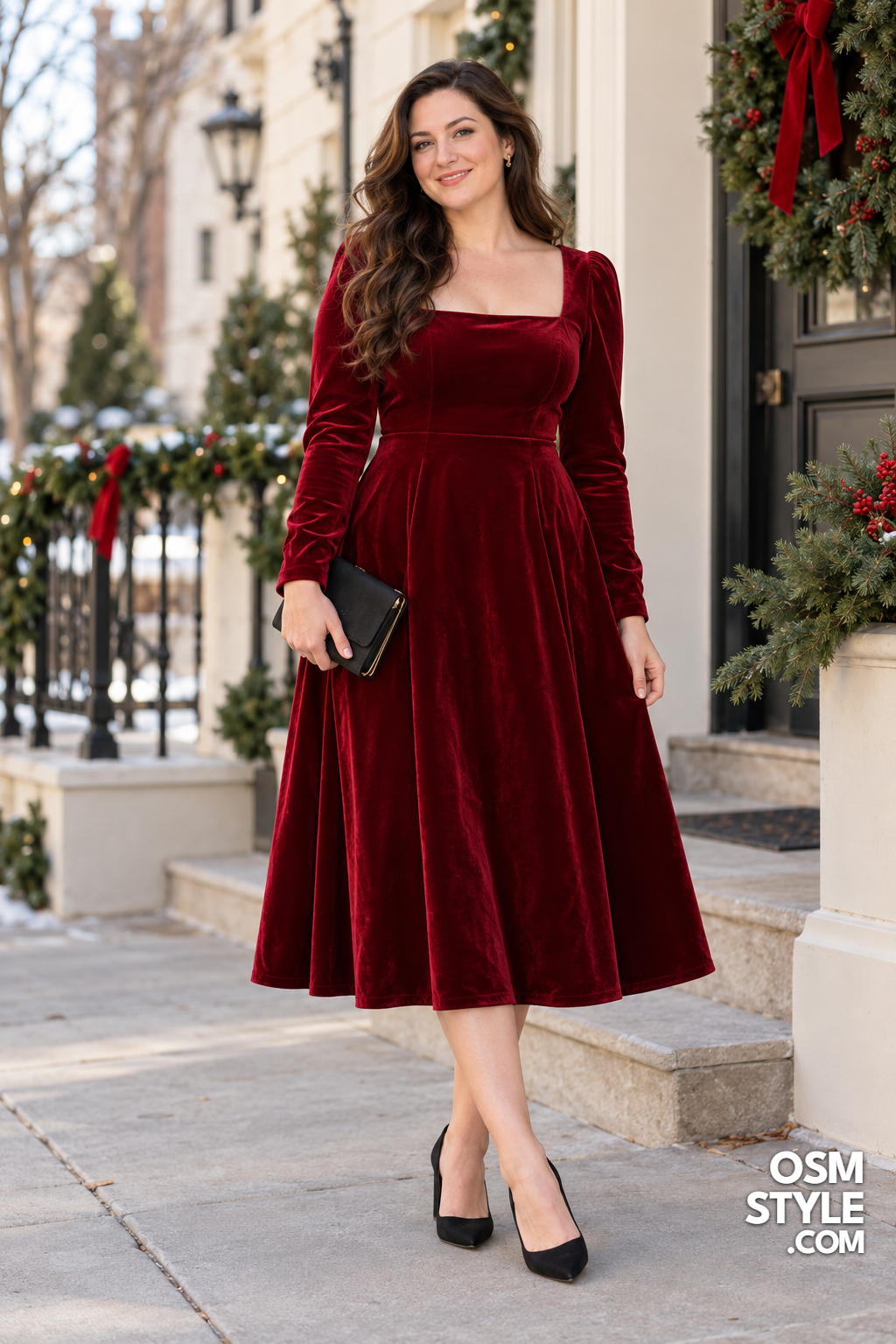 1. Deep Red Velvet Midi Dress