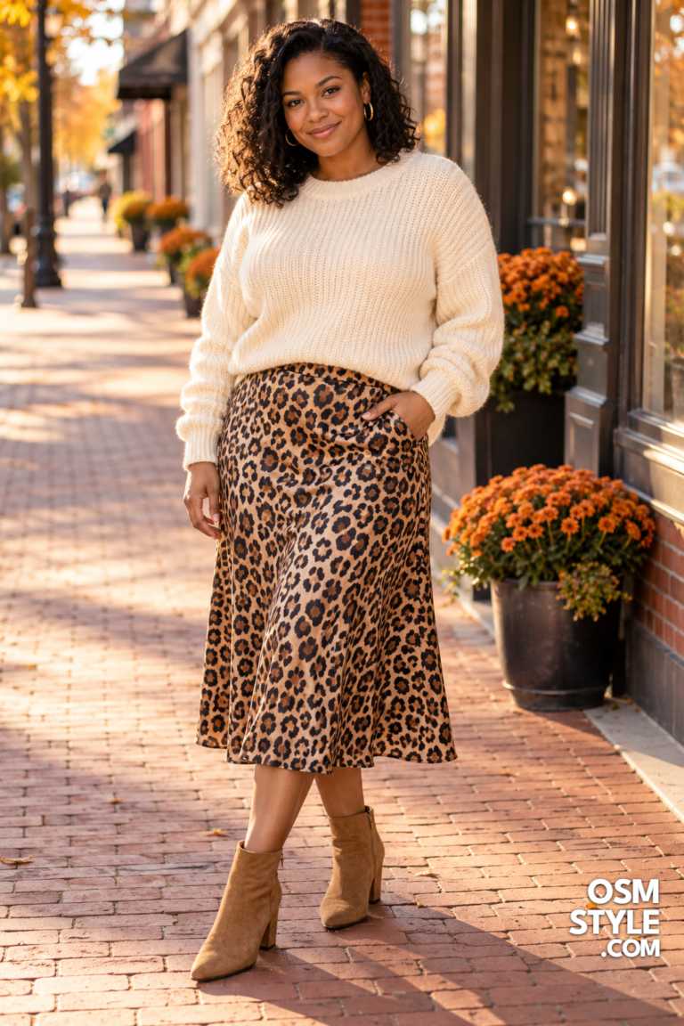 1. Leopard Midi Skirt and Cream Chunky Sweater