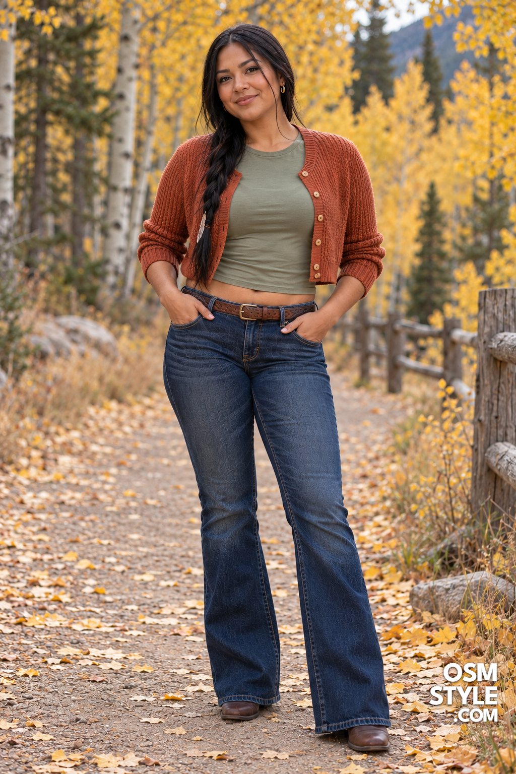 1. Low Rise Bootcut Jeans With Cropped Cardigan