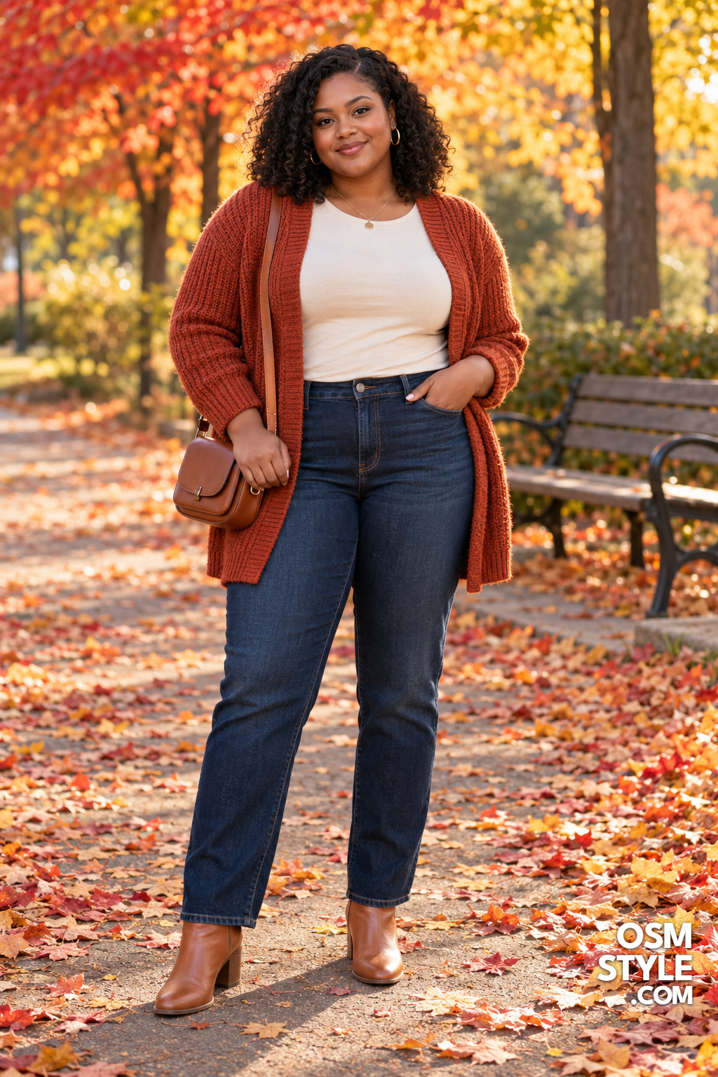 1. Rust Cardigan With Cream Tee and Dark Jeans
