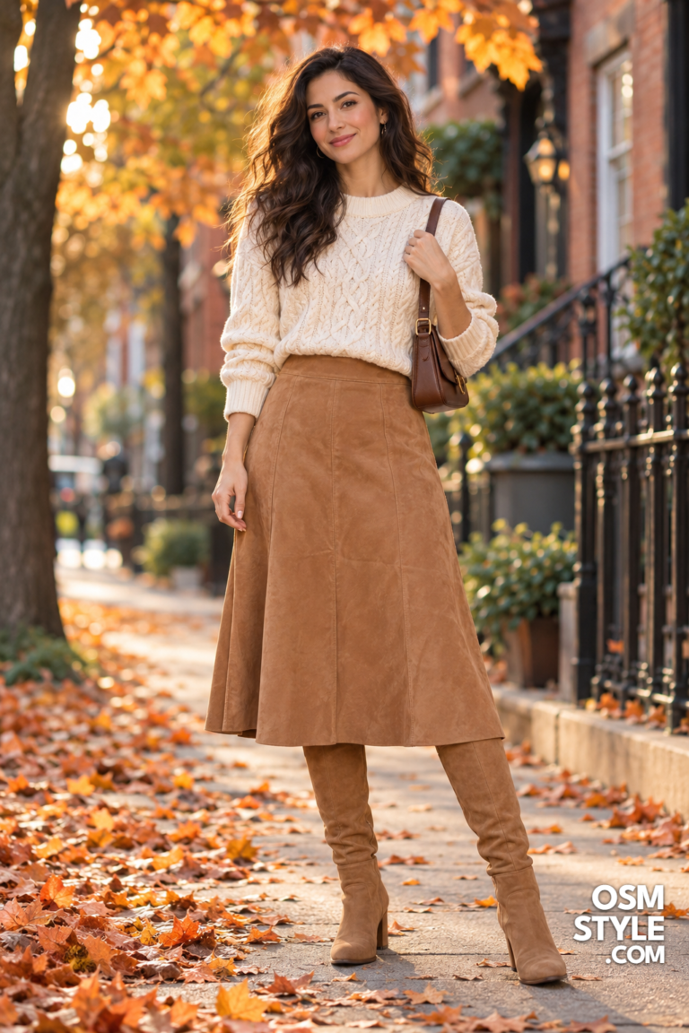 1.Camel Suede Skirt and Cream Cable Sweater