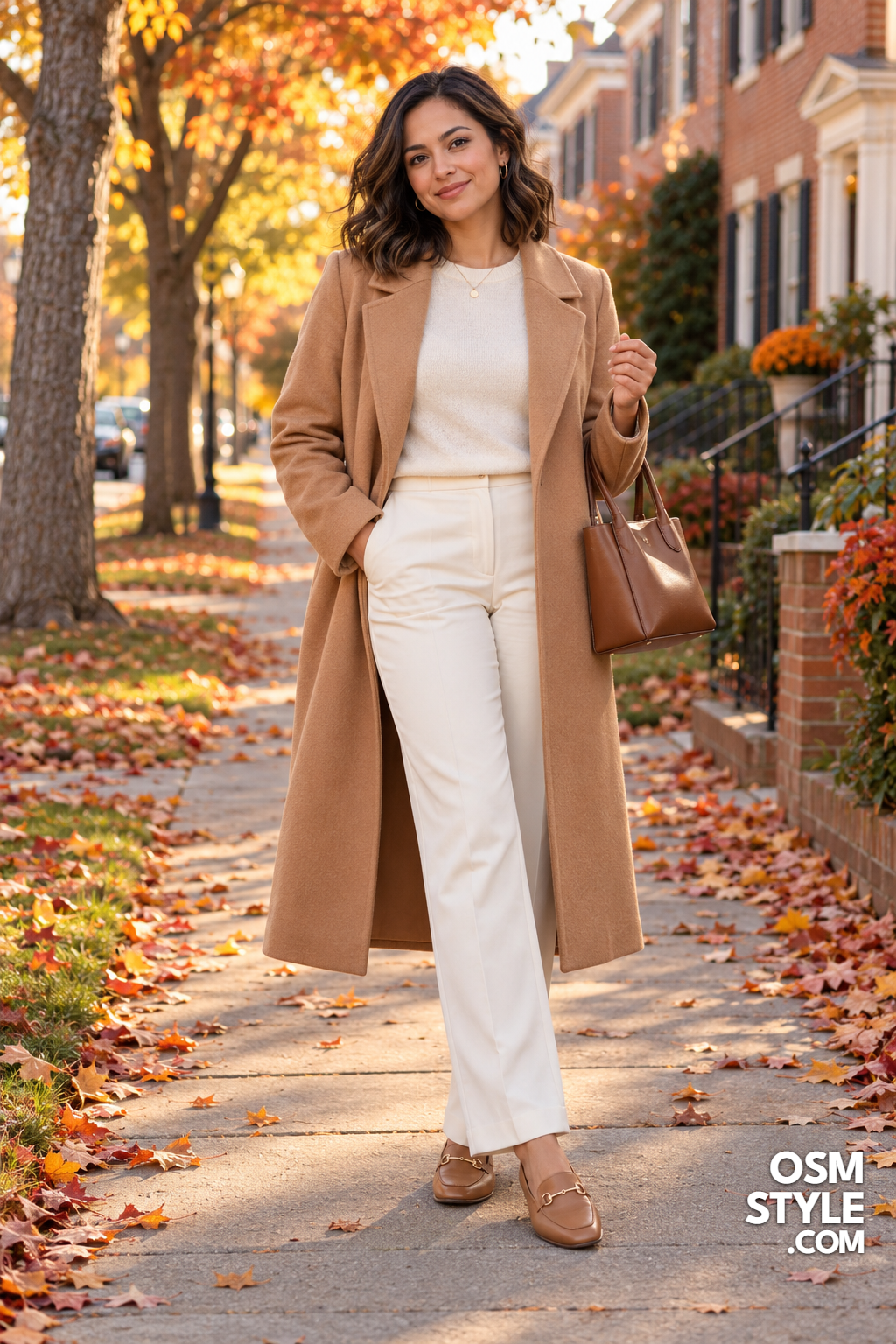 1.Camel Wool Coat With Cream Knit