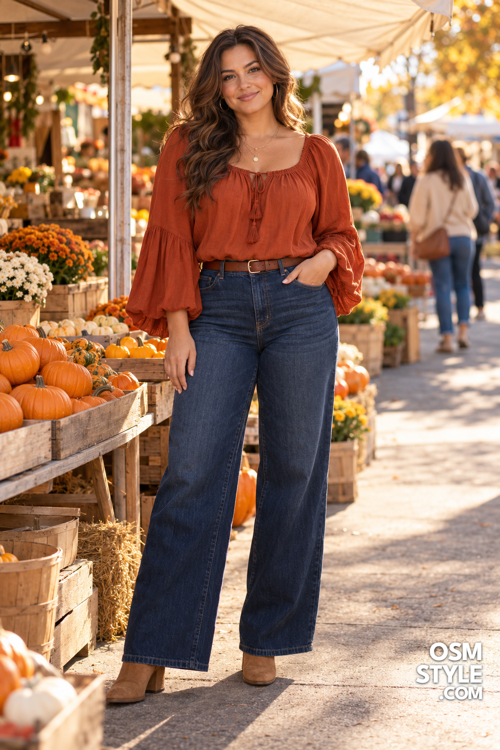 1.Rust Peasant Blouse With Wide Leg Jeans