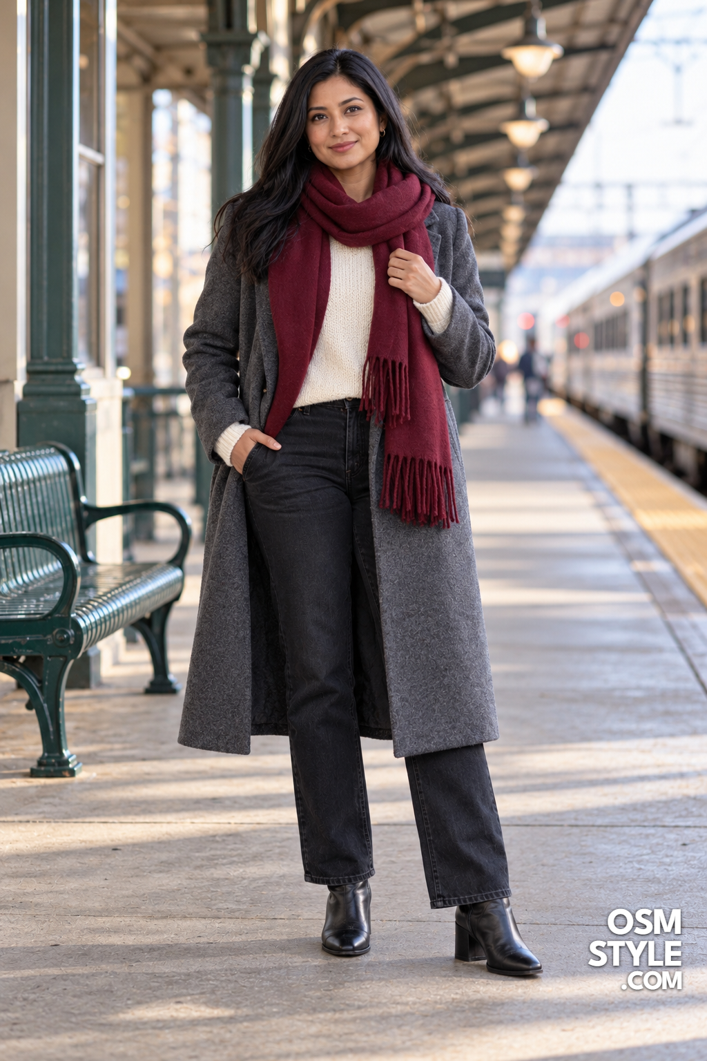 10. Gray Wool Coat With a Wrapped Scarf
