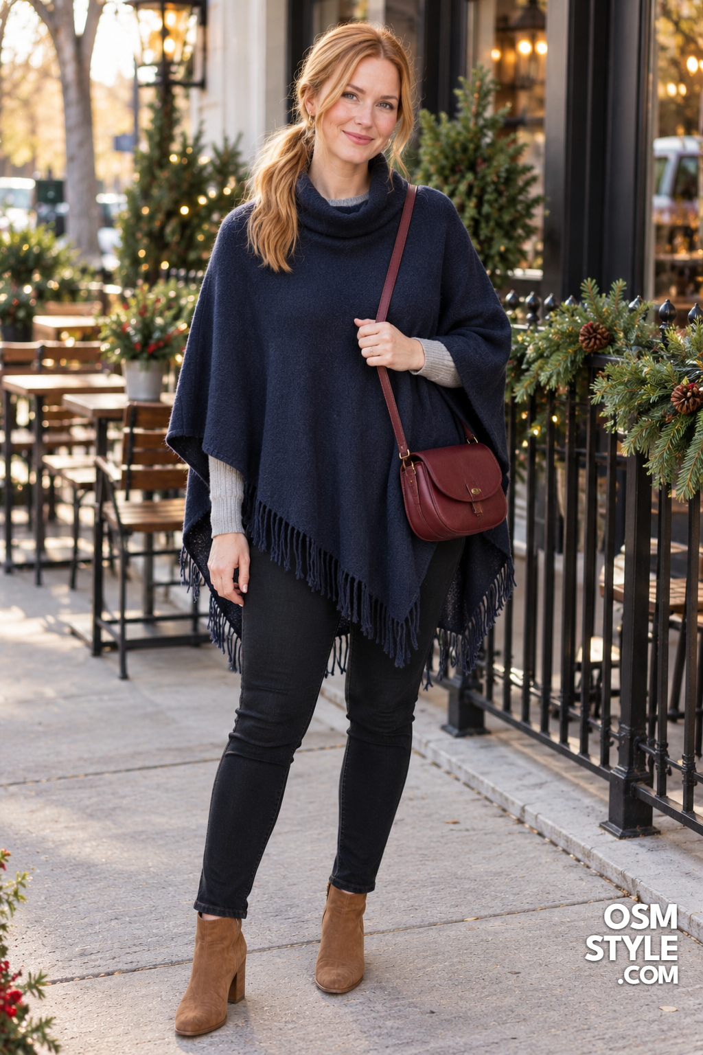 10. Navy Poncho With Skinny Jeans