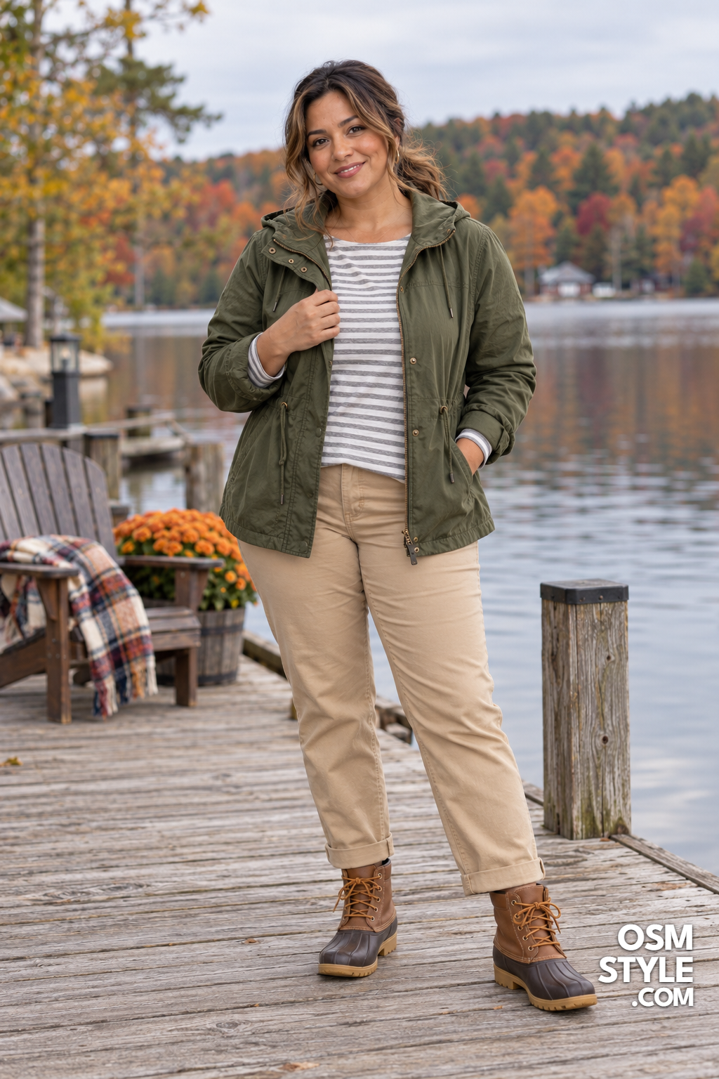 10. Olive Anorak and Striped Tee at the Lake
