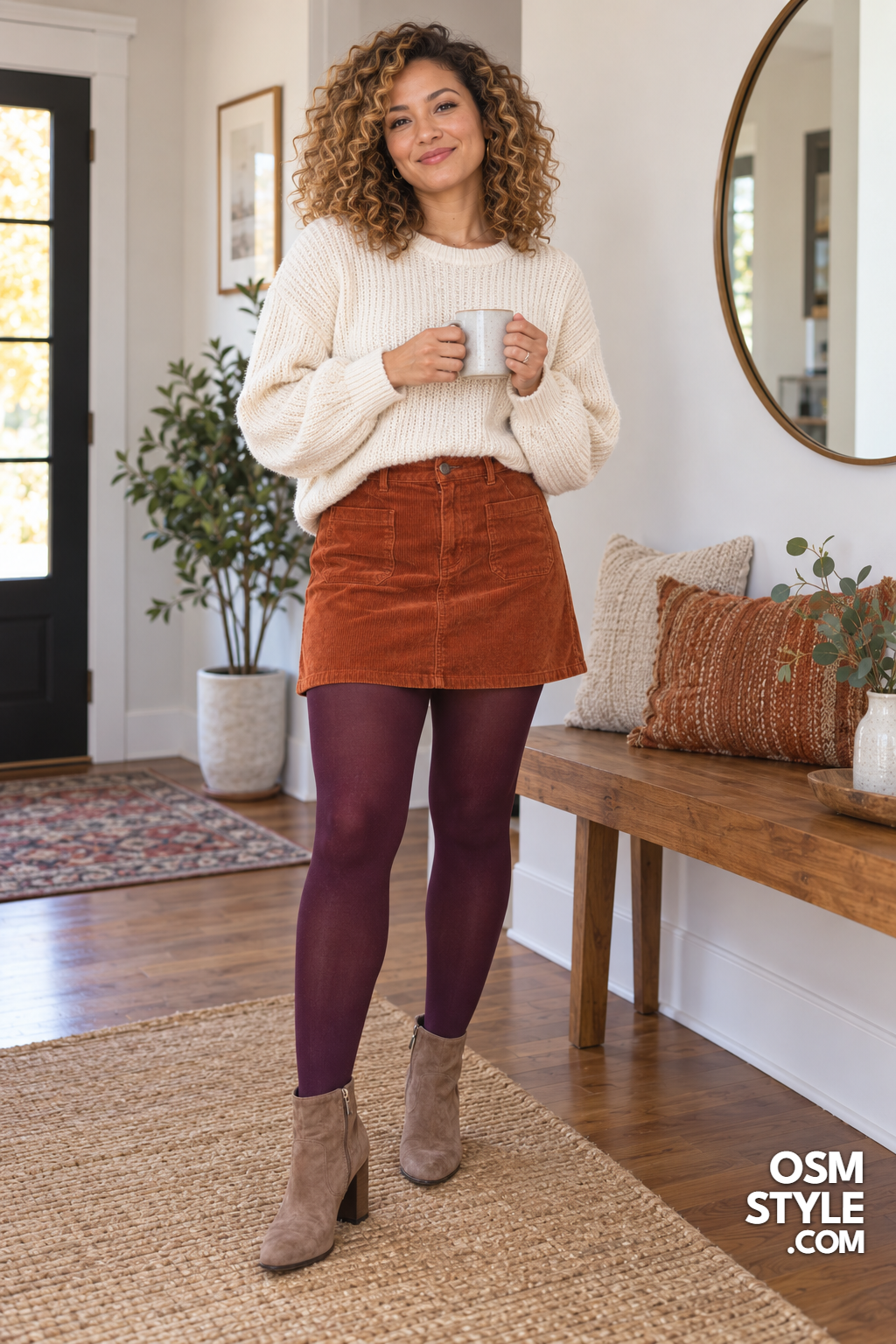 10. Rust Corduroy Skirt With Plum Tights