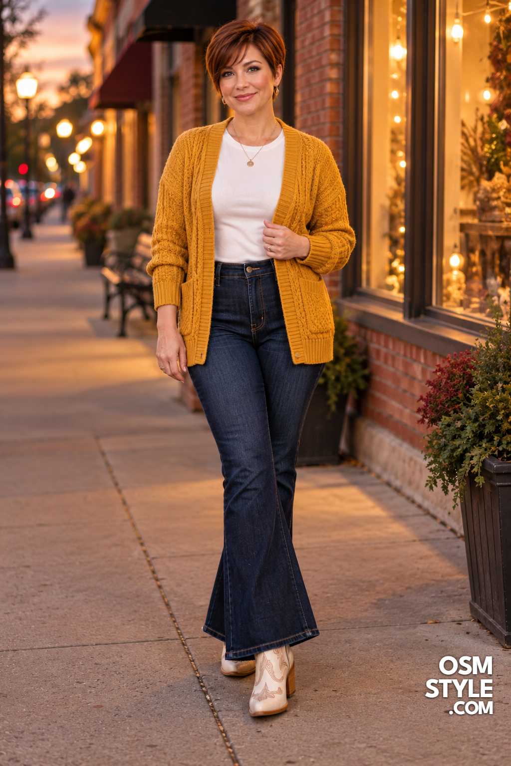 10.Mustard Cardigan and Flare Jeans With Ivory Boots