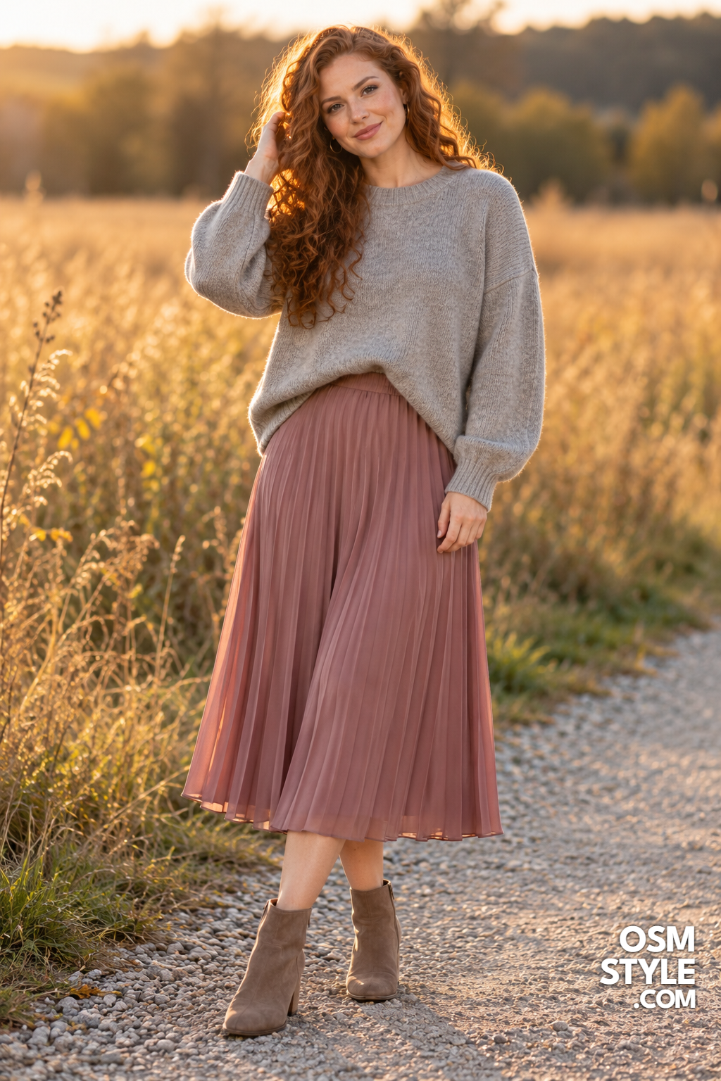 10.Oversized Gray Sweater Over Mauve Midi