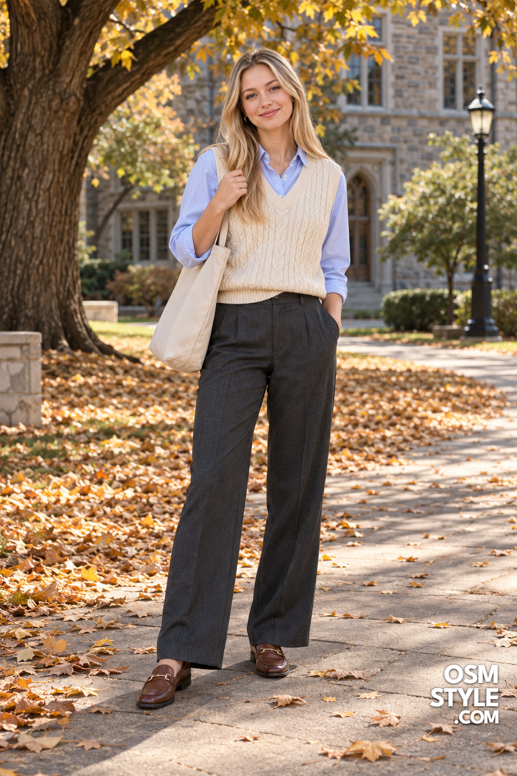 11. Cable Knit Vest Over Button Up Shirt