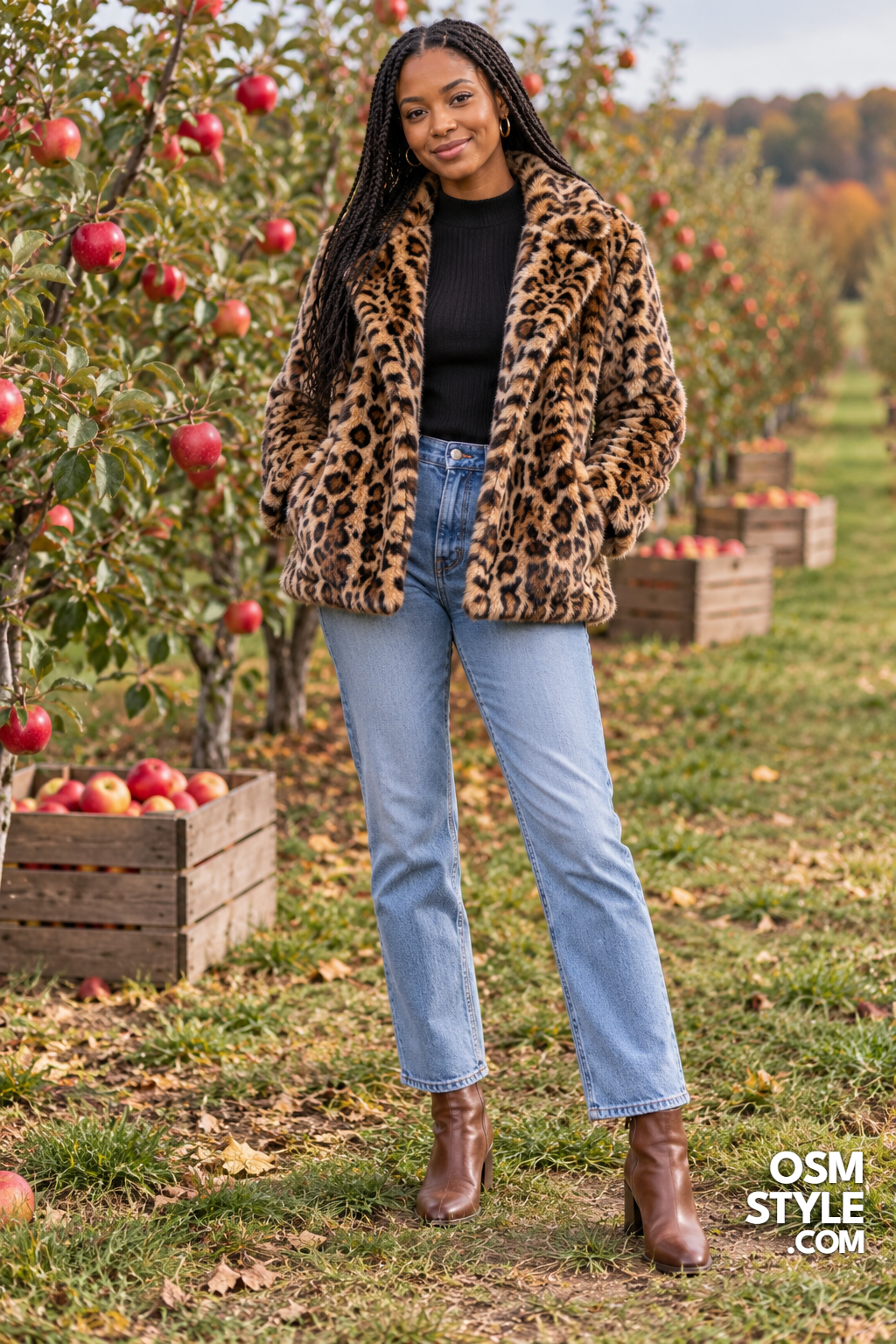 11. Faux Fur Leopard Coat Over Black Knit