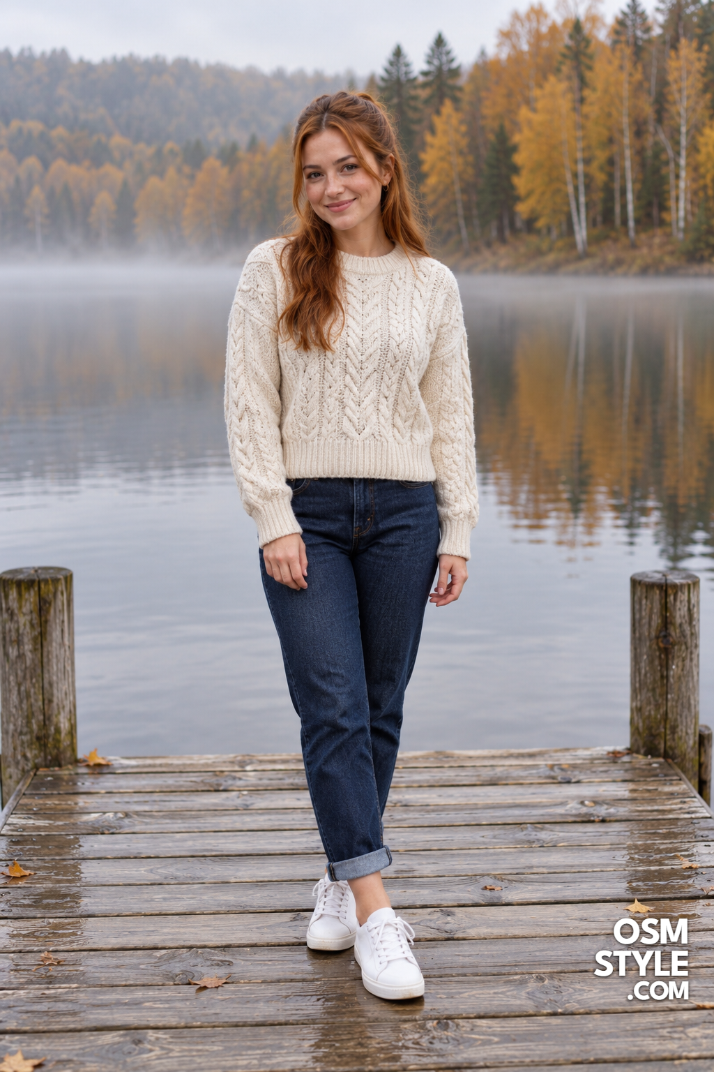 11. Oatmeal Fisherman Sweater With Cuffed Jeans