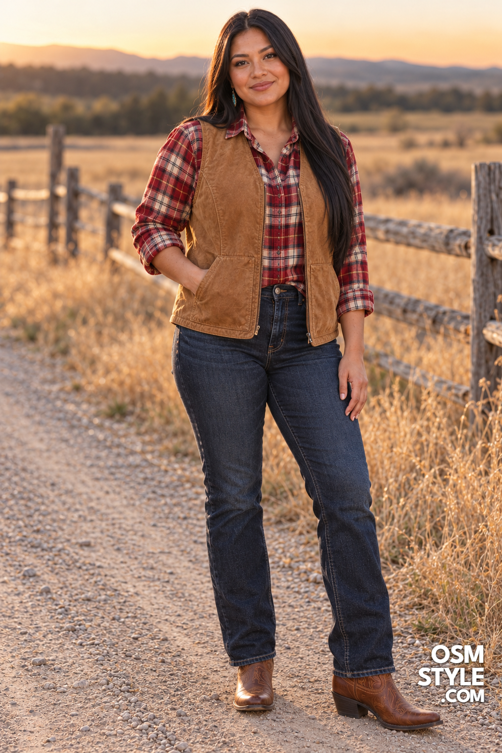 11.Camel Suede Vest Over Red Plaid