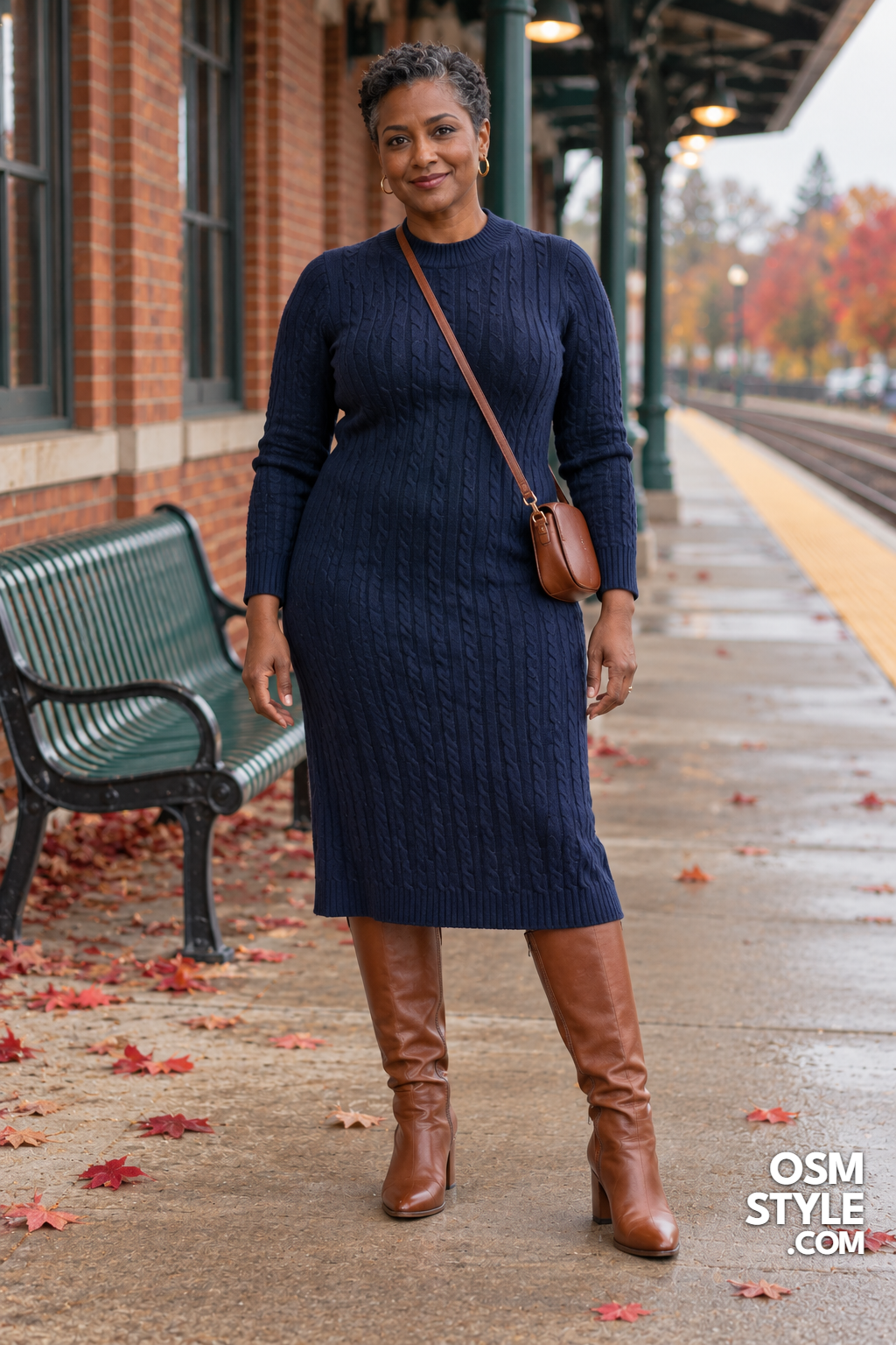 11.Navy Cable Knit Dress and Tall Boots