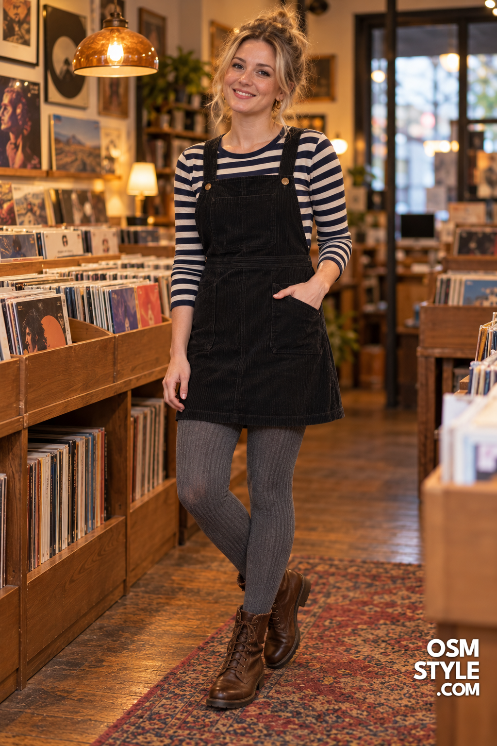 12. Black Corduroy Pinafore Over a Striped Top