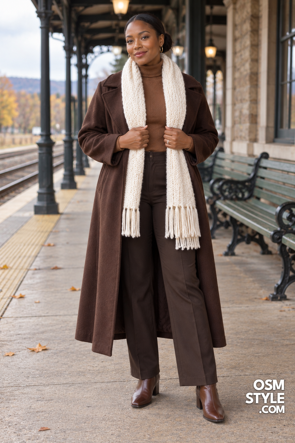 12. Long Chocolate Coat With Ivory Scarf