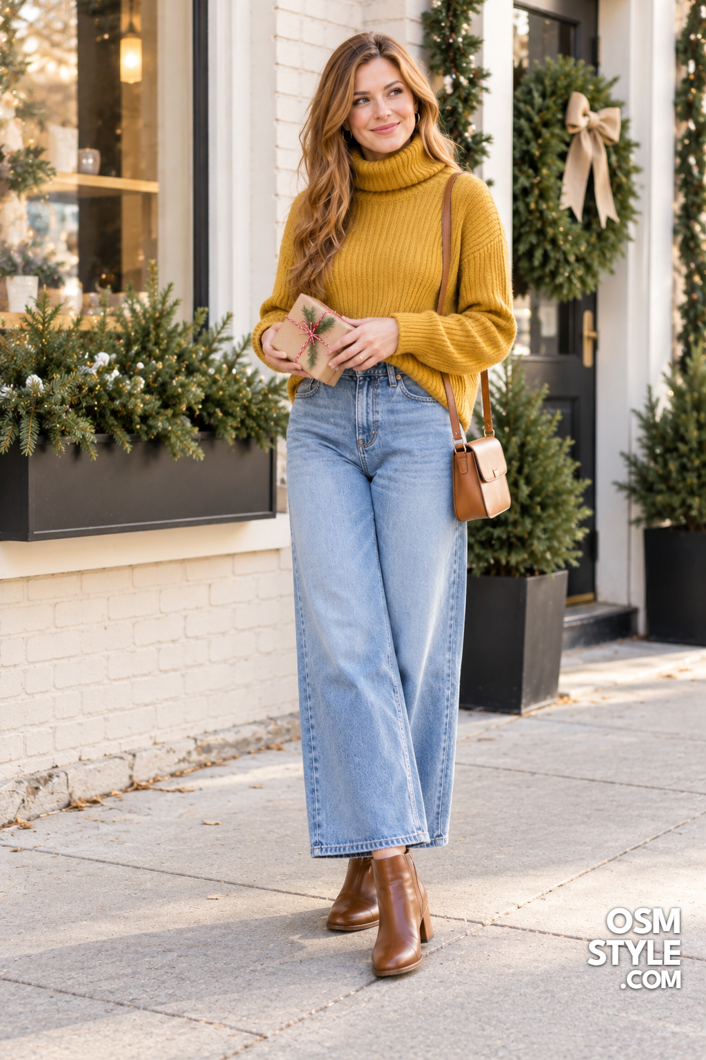 12. Mustard Turtleneck And Wide Leg Jeans