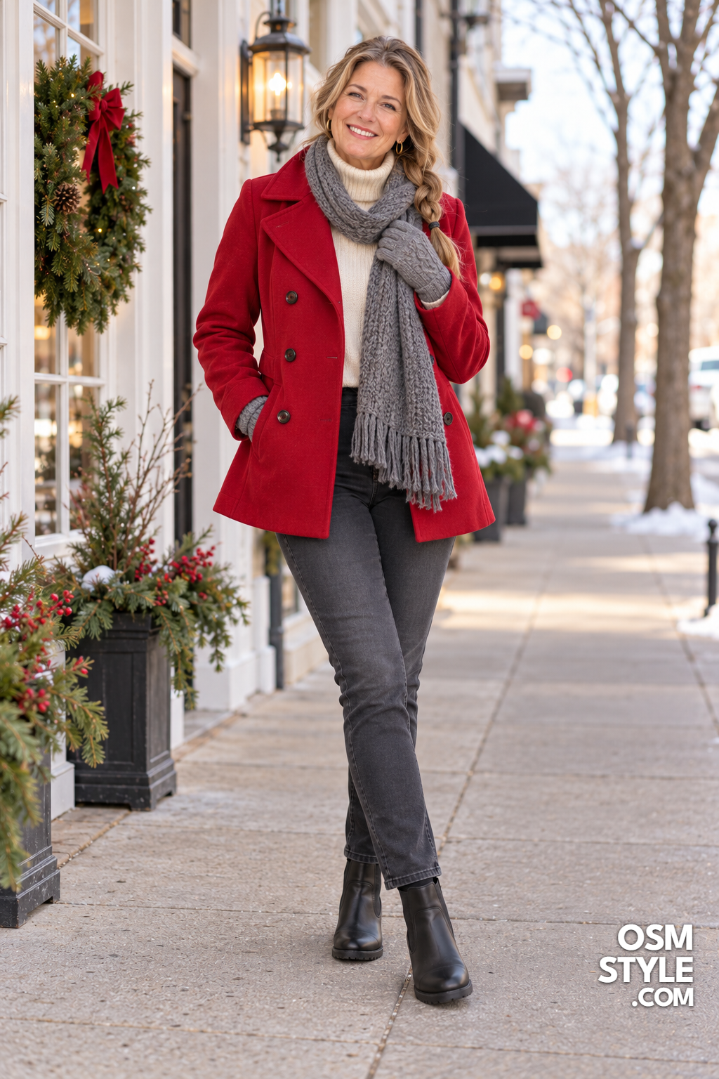 12. Red Peacoat and Gray Scarf Winter Look