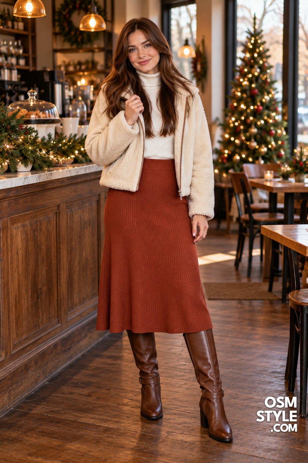 12. Sherpa Jacket Over A Rust Midi Skirt
