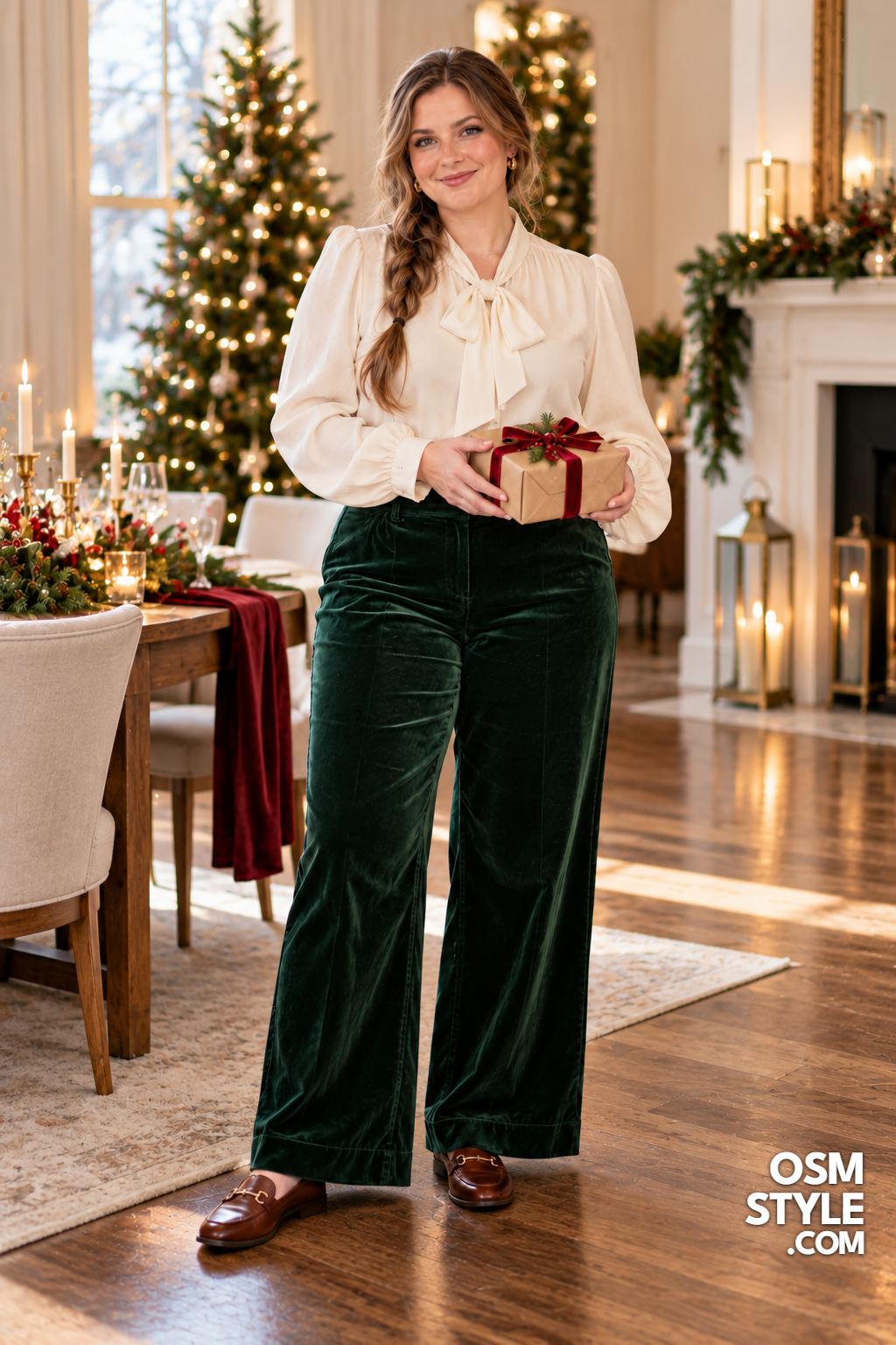 13. Forest Green Velvet Pants With Cream Blouse
