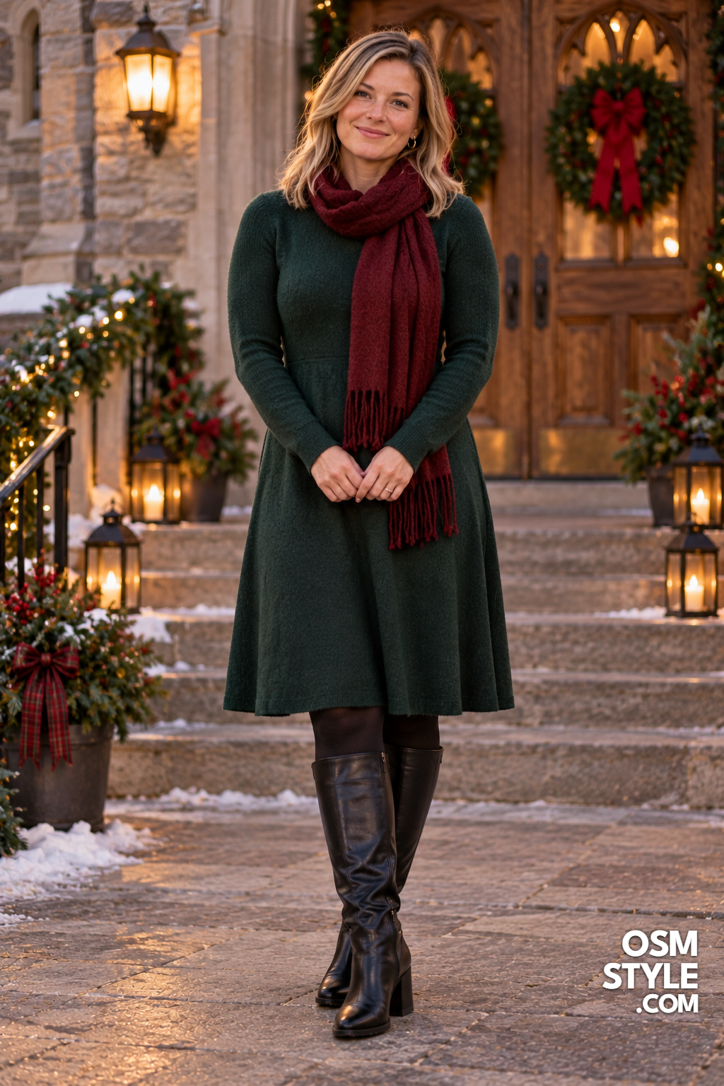 13. Forest Green Wool Dress With Knee High Boots