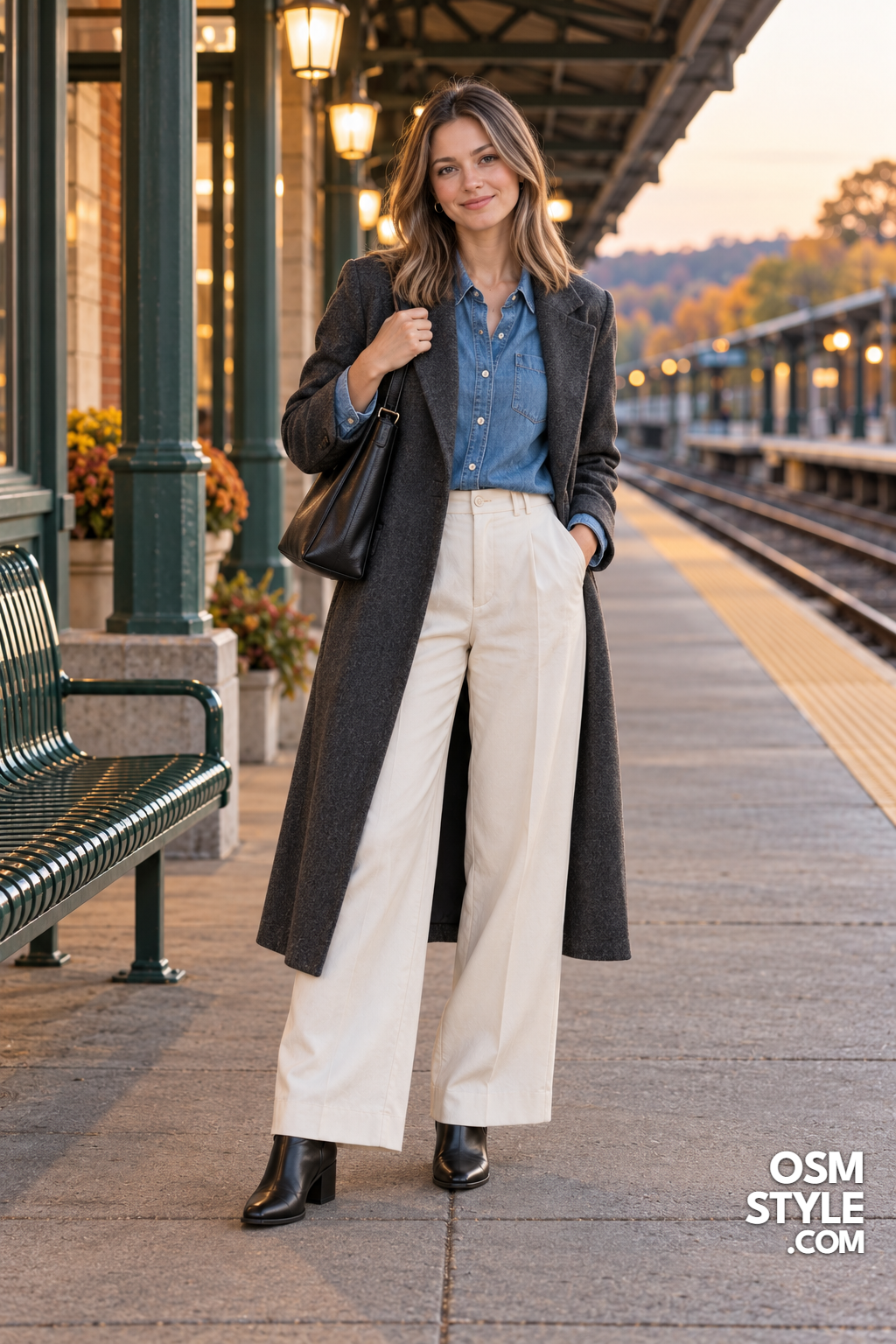 13. Long Wool Coat Over a Denim Shirt