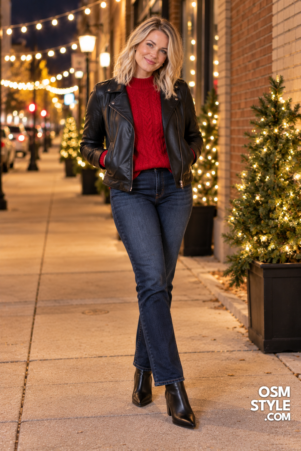 13. Red Cable Knit With A Black Leather Jacket