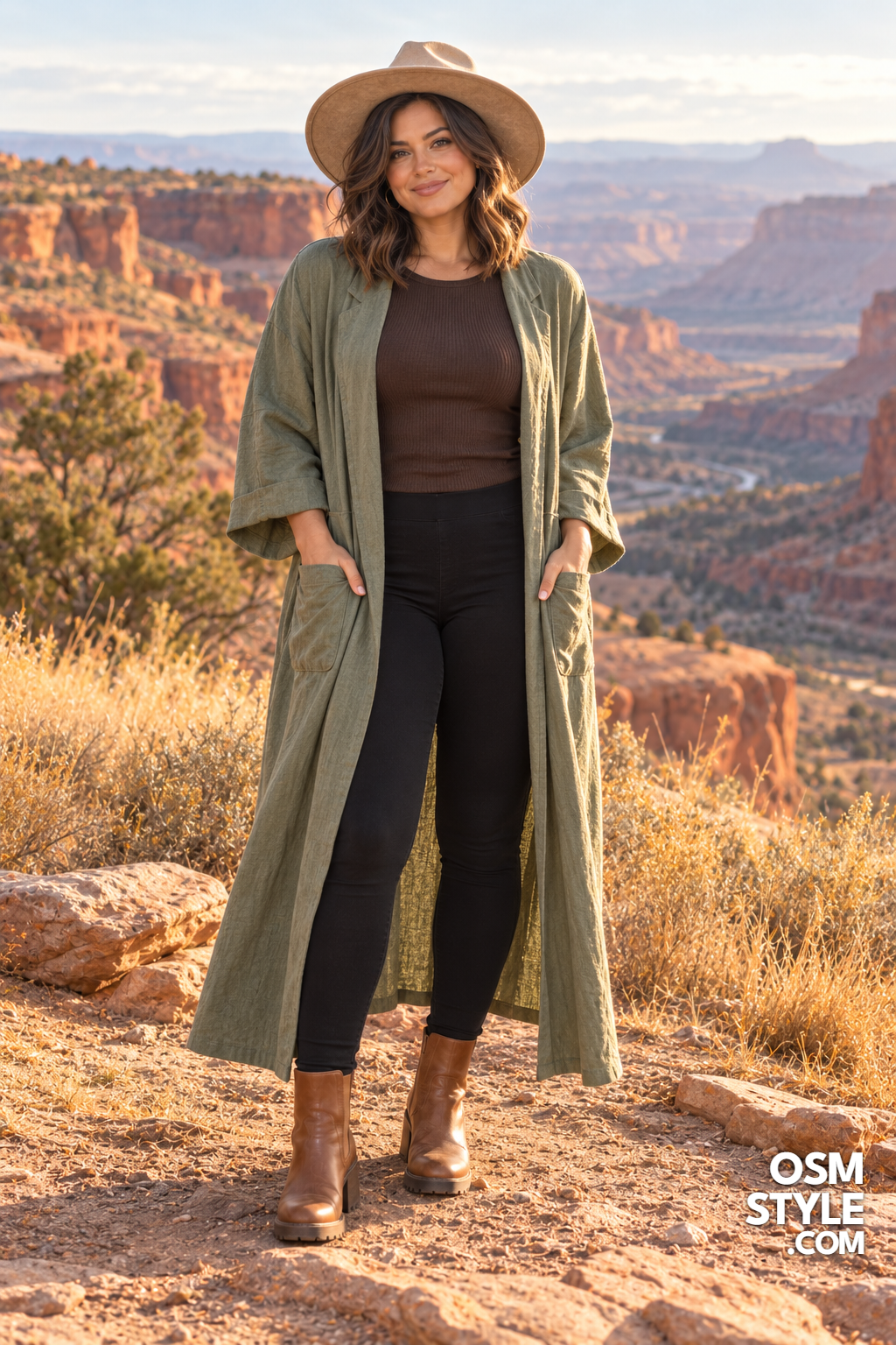 13.Long Sage Duster Over Slim Layers