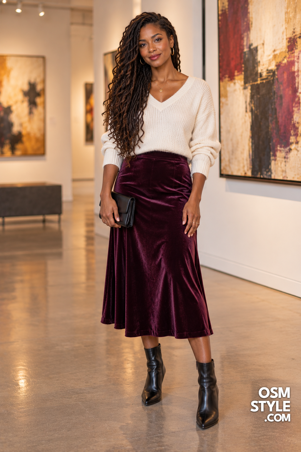 13.Plum Velvet Midi With Ivory Sweater