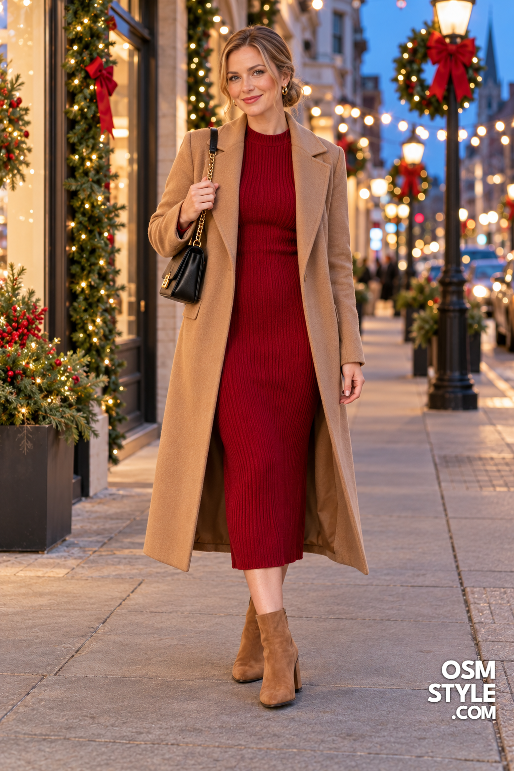 14. Camel Coat Over Red Knit Dress