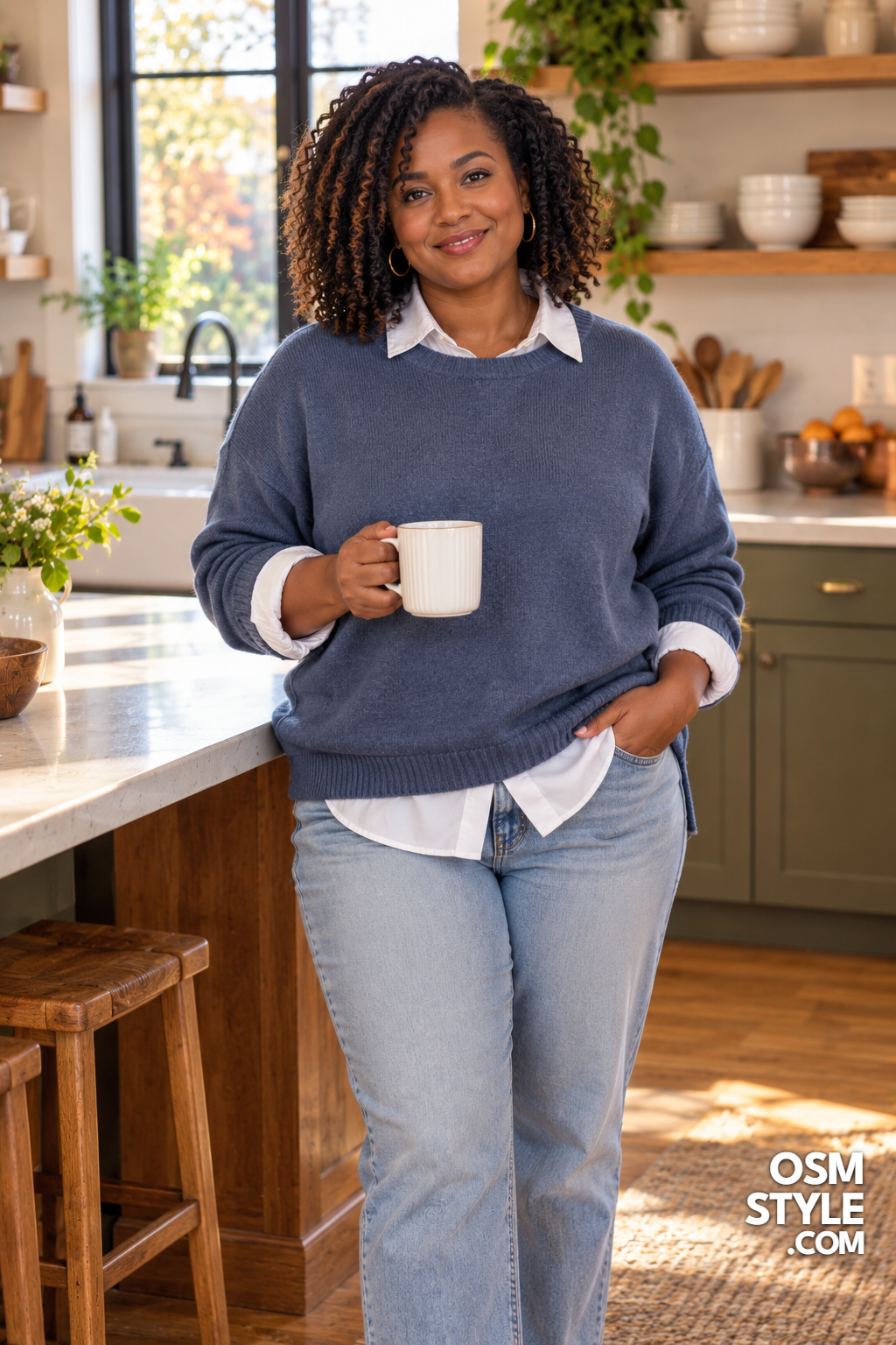 14. Oversized Sweater With Collared Shirt Peeking Out