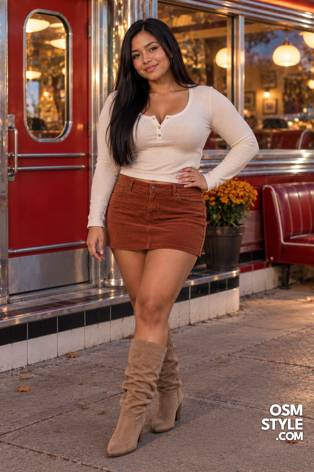 14. Rust Corduroy Mini With Slouchy Suede Boots