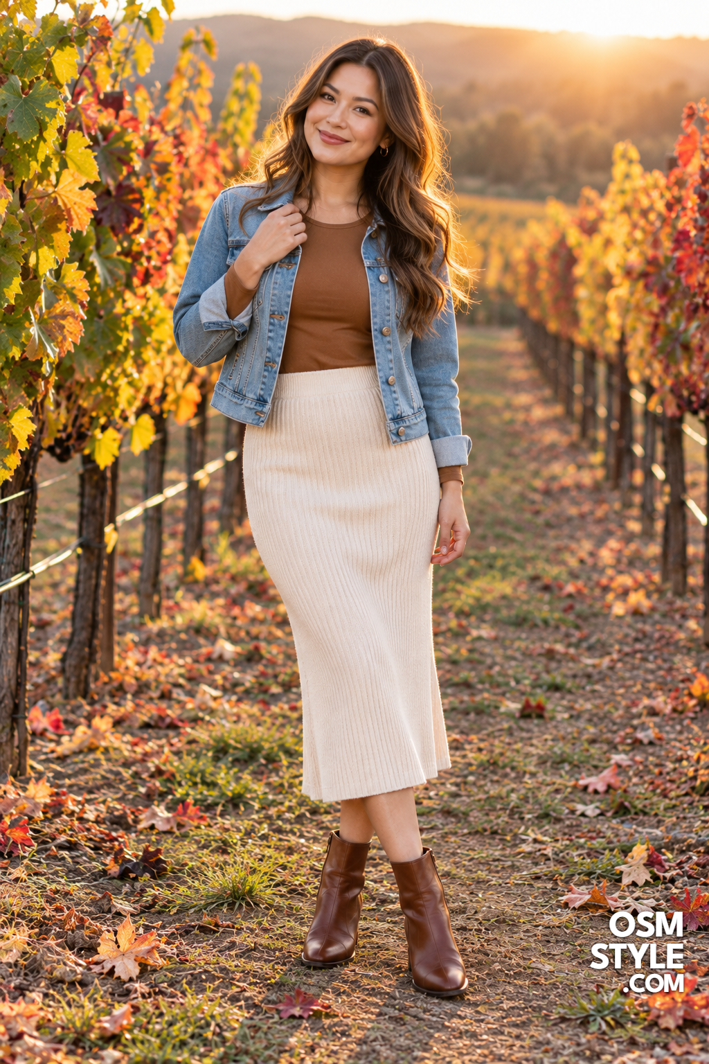 14.Denim Jacket Over Cream Knit Midi