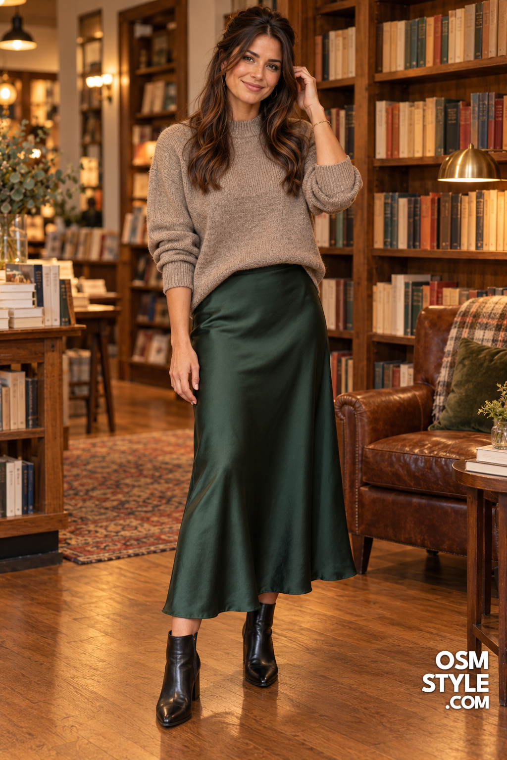 14.Forest Green Satin Skirt Look